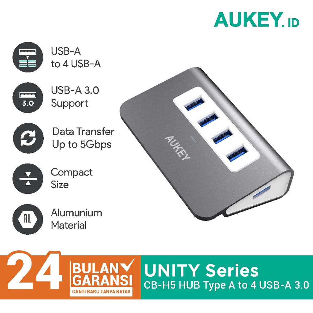 Hub USB 3.0 Aukey CB-H5 &ndash; 4 Porte &ndash; Alluminio Argento &ndash; Portatile Con Cavo 1 Metro