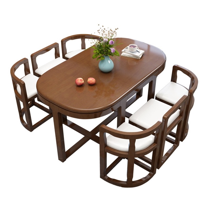 6 Seater Marble Solid Wood Space Saving Dining Table Chair Set