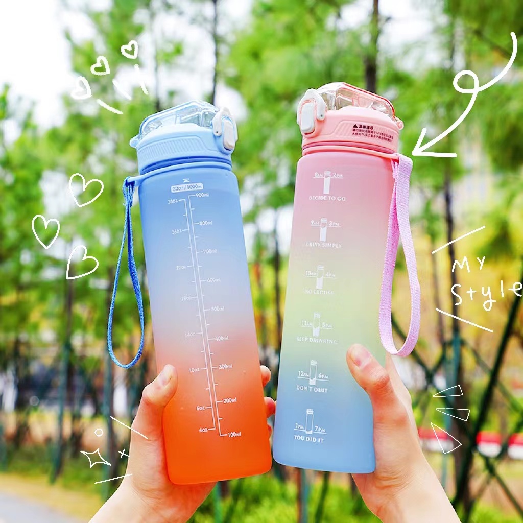 1L Water Bottle Gradient Color Water Bottle With Time Large Capacity ...