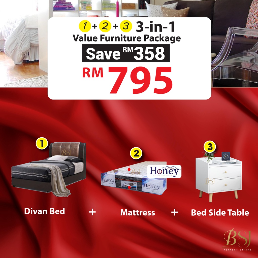 BSJ【 𝟑𝐢𝐧𝟏 𝐂𝐎𝐌𝐁𝐎 𝐒𝐄𝐓】Packej Furnitures Divan Bed Mattress Bed Side