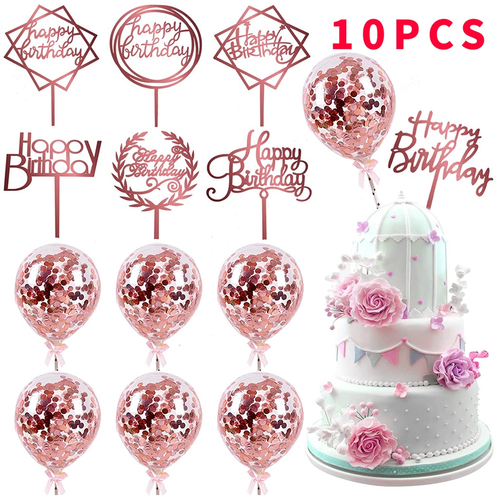 10Pcs Rose Gold Birthday Cake Topper Acrylic Cake Topper with Confetti ...