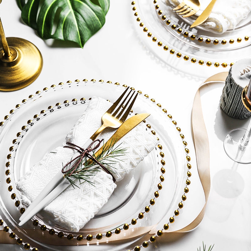 EHONGHONG Gold Bead Glass Plate Gold Bead Glass Dishware Western Steak ...