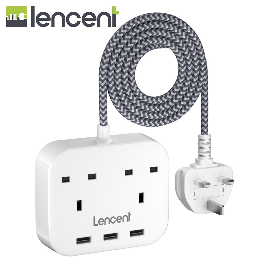 LENCENT Mini Extension Lead 3 USB Port 2 Way Outlets Power Strip Multi ...