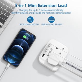 LENCENT Mini Extension Lead 3 USB Port 2 Way Outlets Power Strip Multi ...