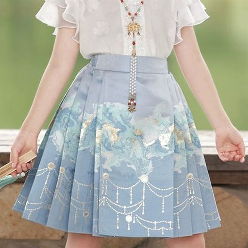 2 Pieces Kids Girls Ancient Hanfu 汉服 Embroidered Coat Horse Face Skirt