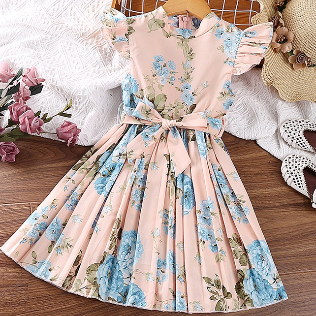 SIYYIS Baju Budak Perempuan Dress 4 7 Years Girls Back Zip up Peony Print Tie Waist Wing Sleeve Pleated Dress Baby Girl Elegant Classy Kids Dress Girl