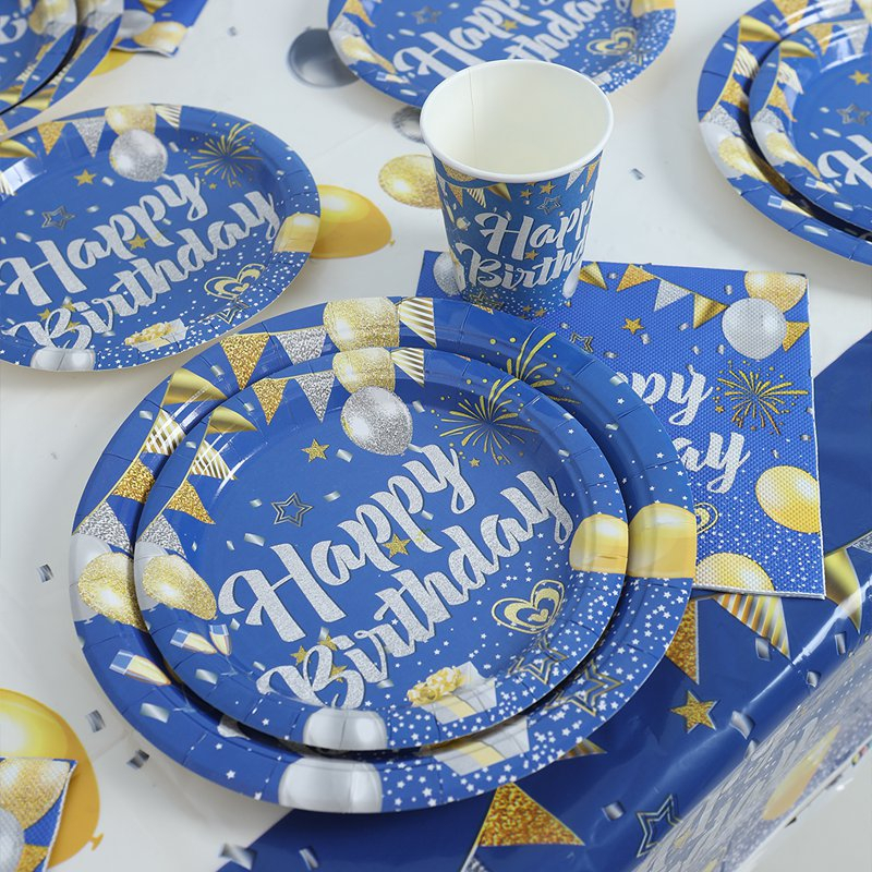 Sky Blue White Silver Disposable Tableware Set Happy Birthday