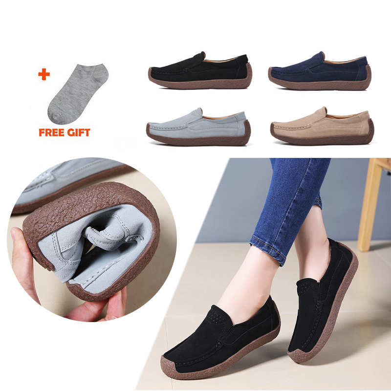 【ready Stock】lady Cow Leather Loafer Women Flat Shoes Womens Casual Leather Loafers Lady Lazy 5210