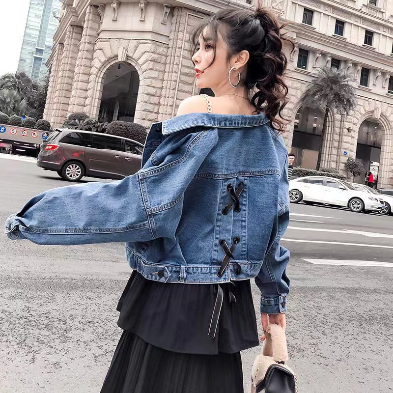 Korean Style Women Plain Casual Long Sleeve Loose Denim Jackets Short Jeans  Coat