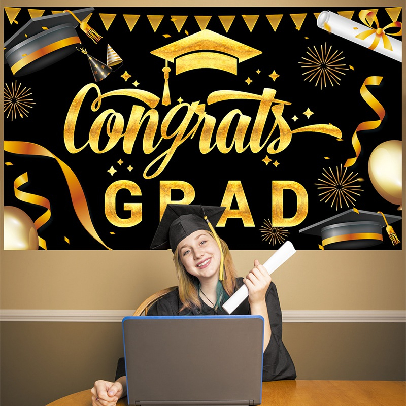 2023 Graduation Polyester Backdrop For Photograph Black And Gold ...