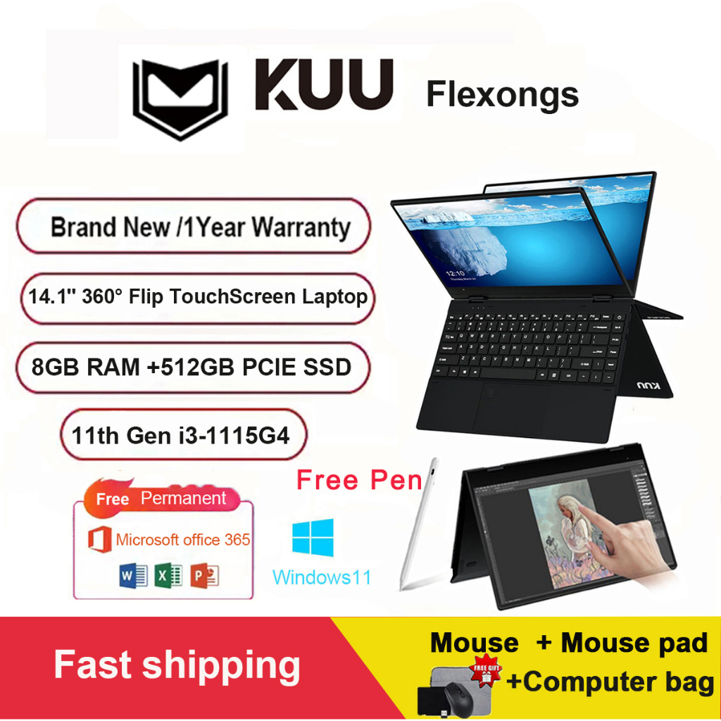 PC Portable KUU Flexone Plus -14'' FHD-360 ° Flip 2 en 1 écran