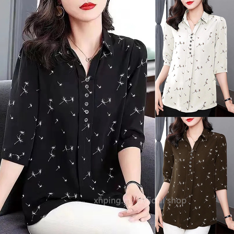 Korean upscale women blouse plus size T-shirt embroidery medium sleeve  short sleeve chiffon top