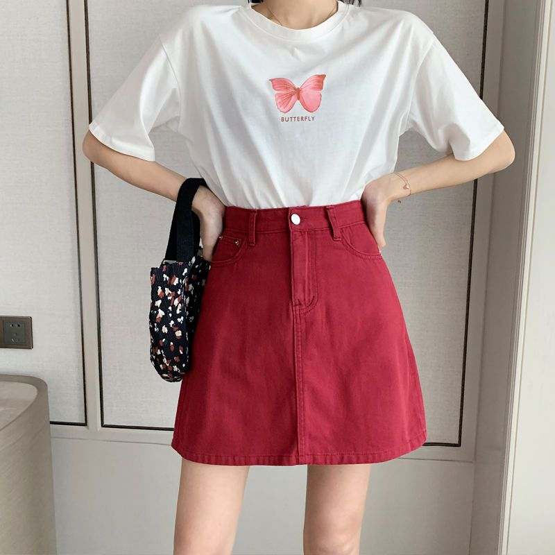 Ready Stock 5 Colors S 5XL Women Korean Style High Waist Denim Skirt Summer Solid Color All Match A line Skirt a