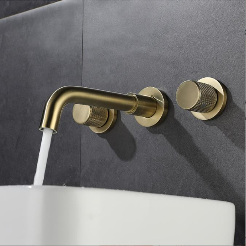 Double handle three holes bathroom faucet set brushed gold color solid ...