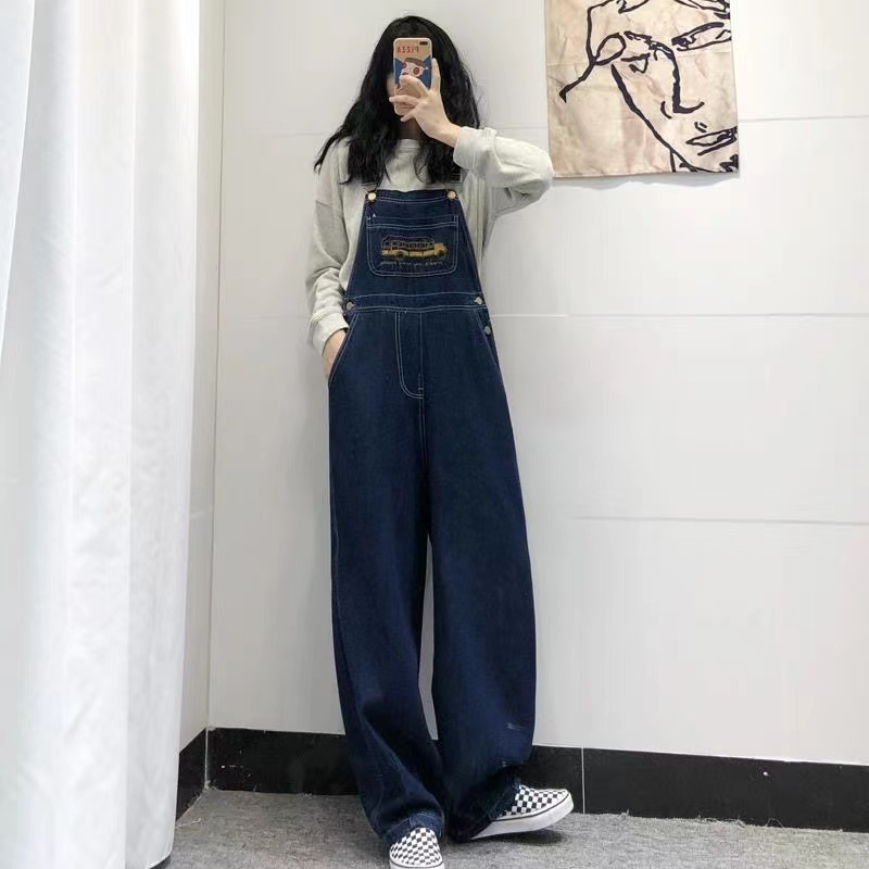 Korean Version Embroidered Denim Wide-Leg Overalls INS Trendy