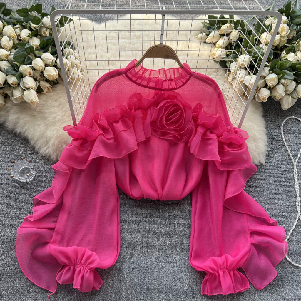 Korean Style Women Ladies Loose Chiffon Ruffle Pleated High Neck Long ...