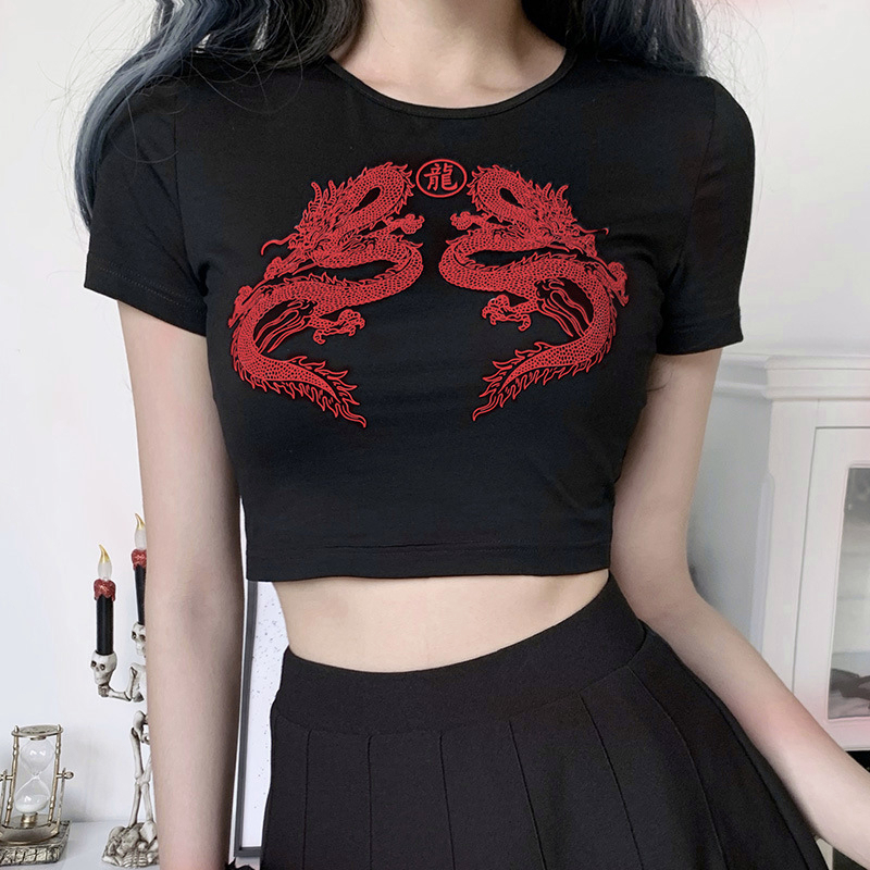 【ready Stock】womens Short Sleeve Dragon Print T Shirt Summer Fashion