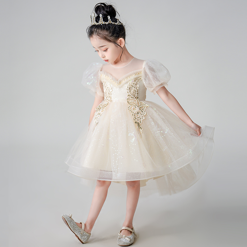 Flower Girl Princess Dress White Champagne Trailing Gown Dance Costume Bubble Sleeve Lace Short Dresses Of 2 12 Years Old Girls Shopee Malaysia
