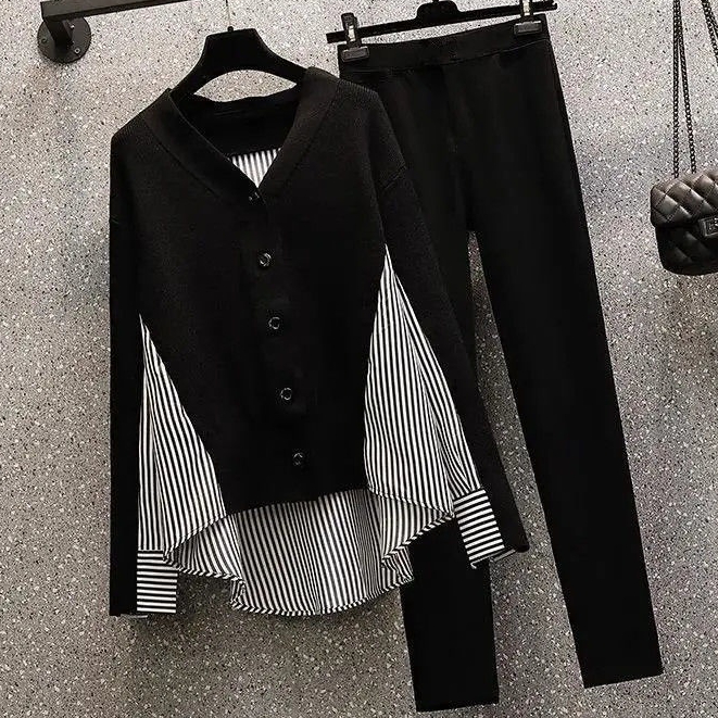 【40100kg 】Suit Set Women Plus Size Slimmer Look Stripe Stitching