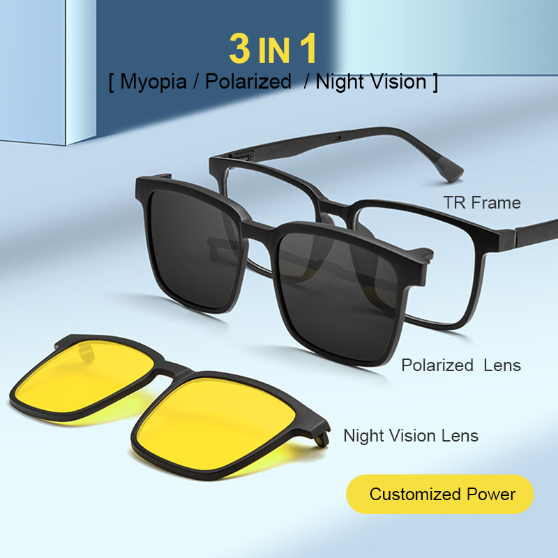3 in 1 Ultralight TR90 Glasses Frame Men Square Optical Frame Night ...