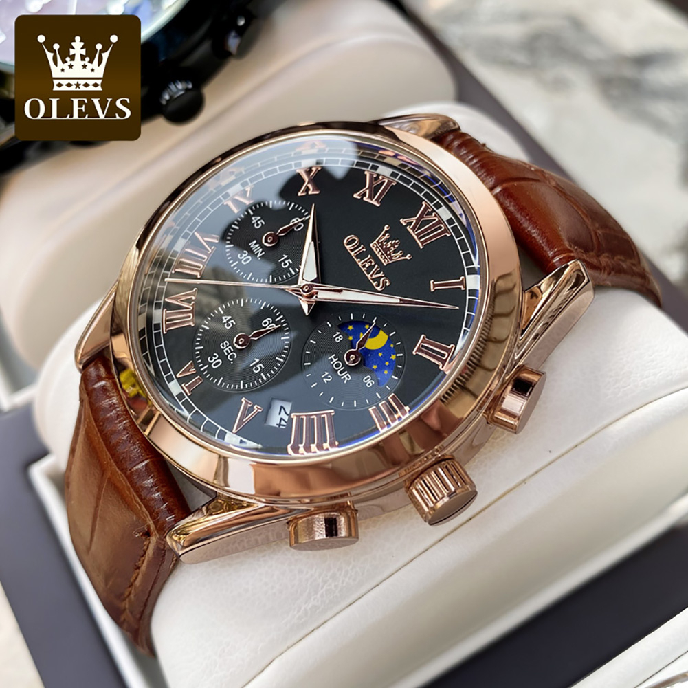 OLEVS Jam Tangan Lelaki Original Waterproof Quartz Leather Luminous Chronograph Black Watch Man