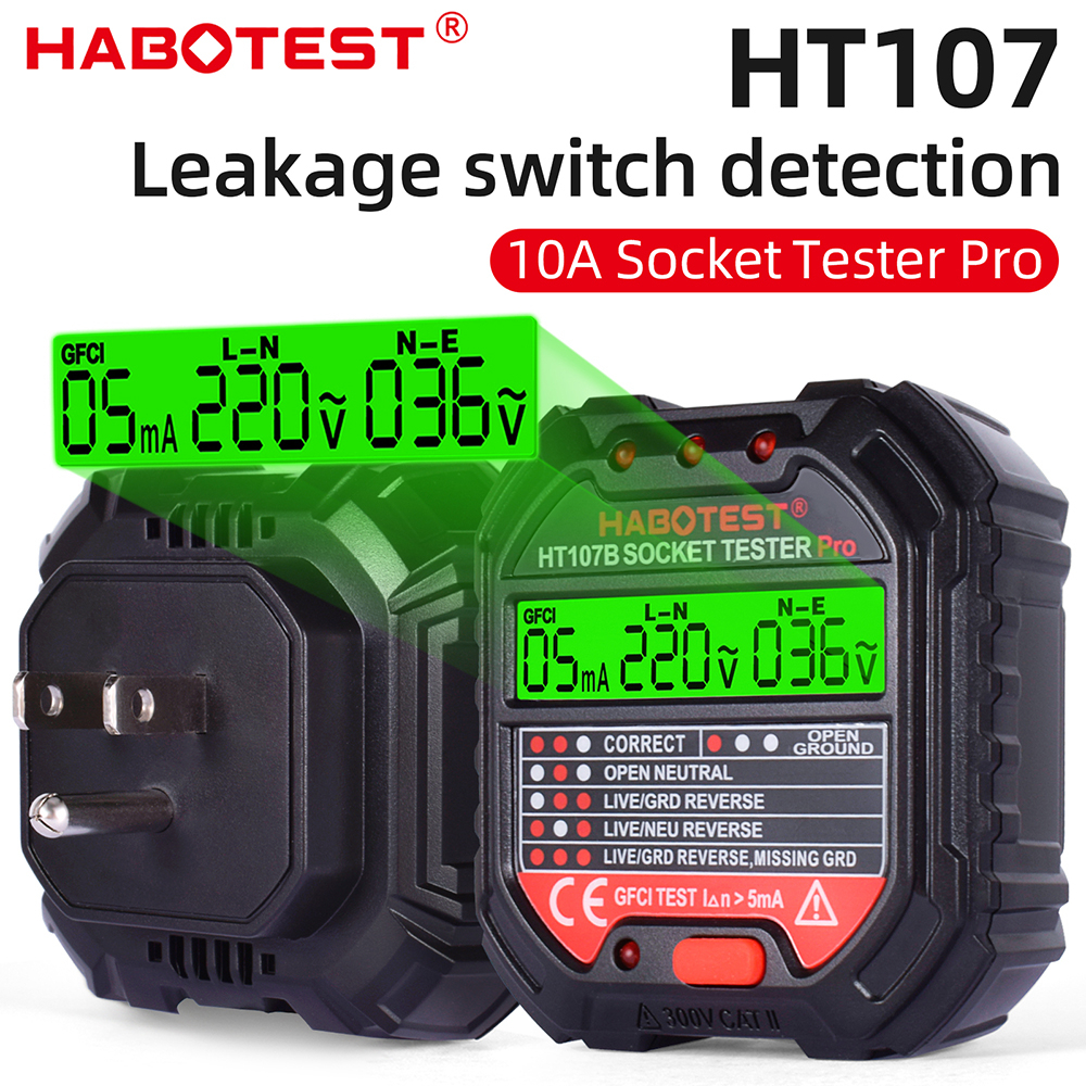 HABOTEST HT107 Pro Socket Tester Voltage Test Socket Detector EU Plug Ground Zero Line Plug