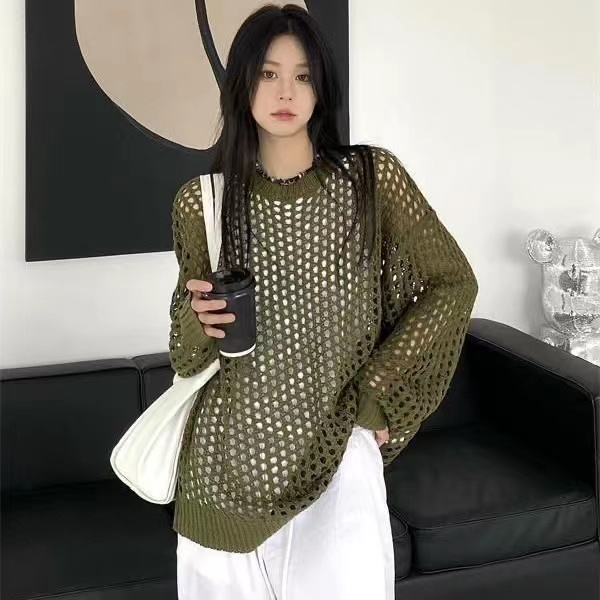 Fashion Korean Round Neck Long Sleeve Women Blouse Sweater Short