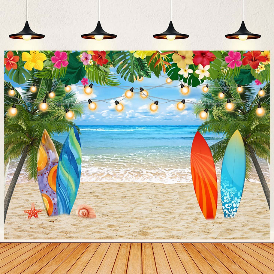 Tropical Hawaiian Beach Backdrop For Photography 8X6FT Seaside Sand Beach Backdrops Jungle Ocean Surfboard Floral Background For Baby Shower Birthday - View #6