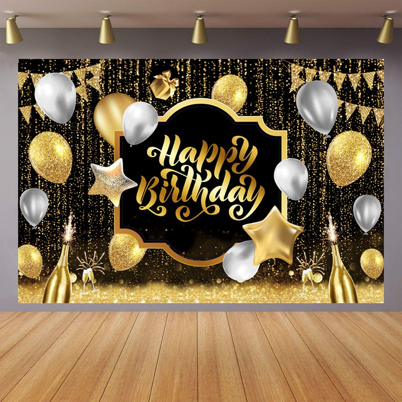 Gold Glitter Happy Birthday Backdrop Adult Black Gold Balloon Beer ...