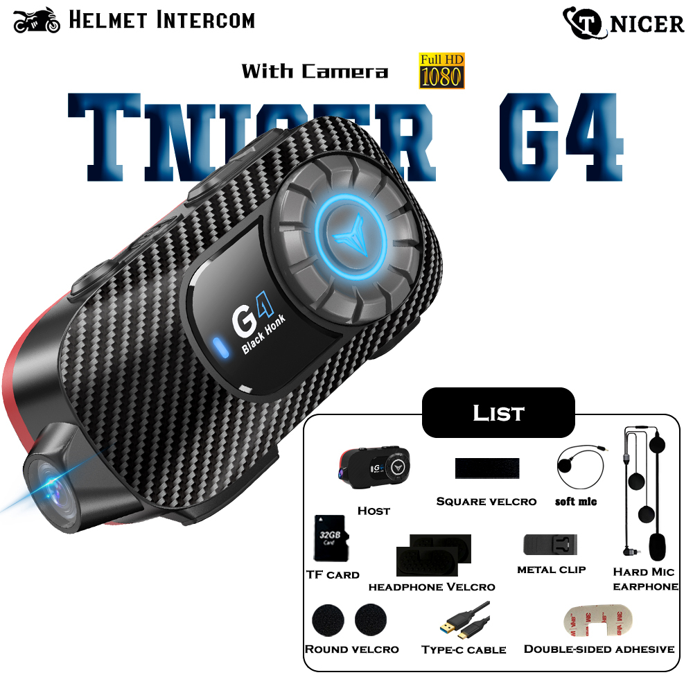 TNICER Motorcycle Bluetooth Headset with Camera, G4 1080P Motorcycle Camera Helmet Bluetooth