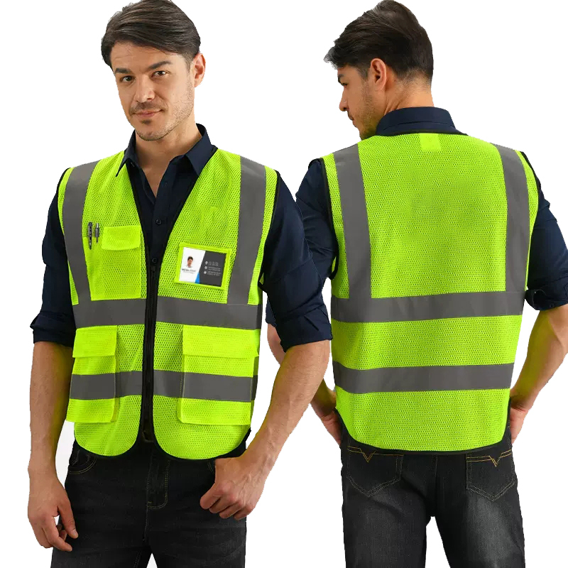 Black Safety Vest Reflective With Pocket And Zipper Construction Vest