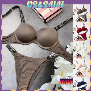 New VICTORIA'S SECRET Fashion Women Plus Size Bra Panty 2 Piece Push Up Sexy  Underwear Briefs Set Letter Rhinestone Lingerie Set