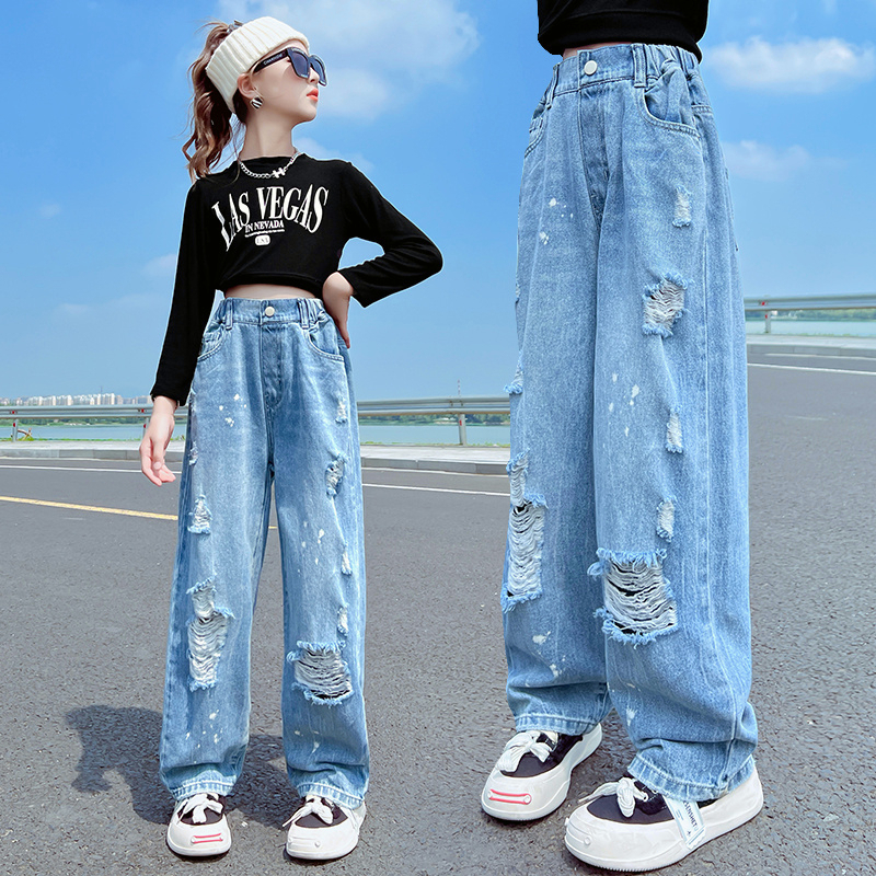 Girls Jeans Denim Elastic Wasit Wide Leg Baggy Pants Kids Clothes for