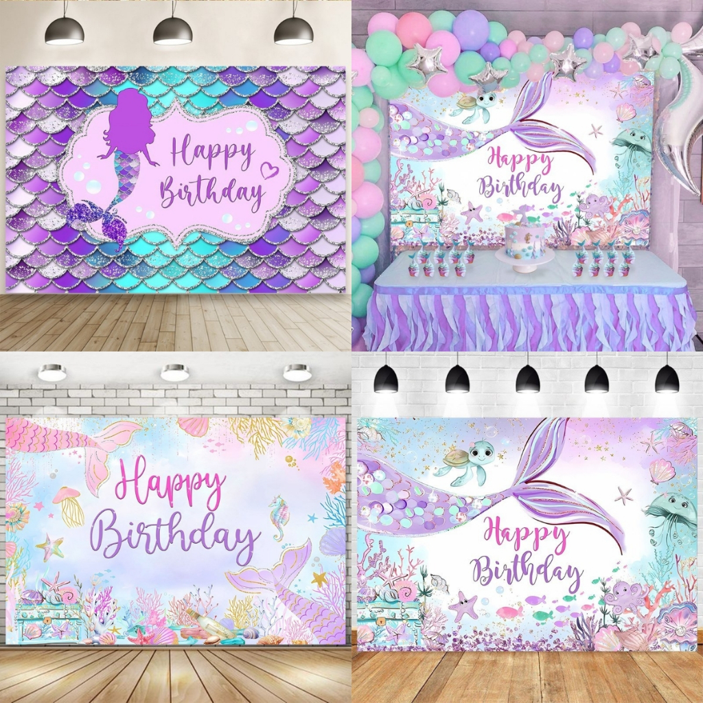 1*1.5M Little Mermaid Background Happy Birthday Banner Mermaid Decor