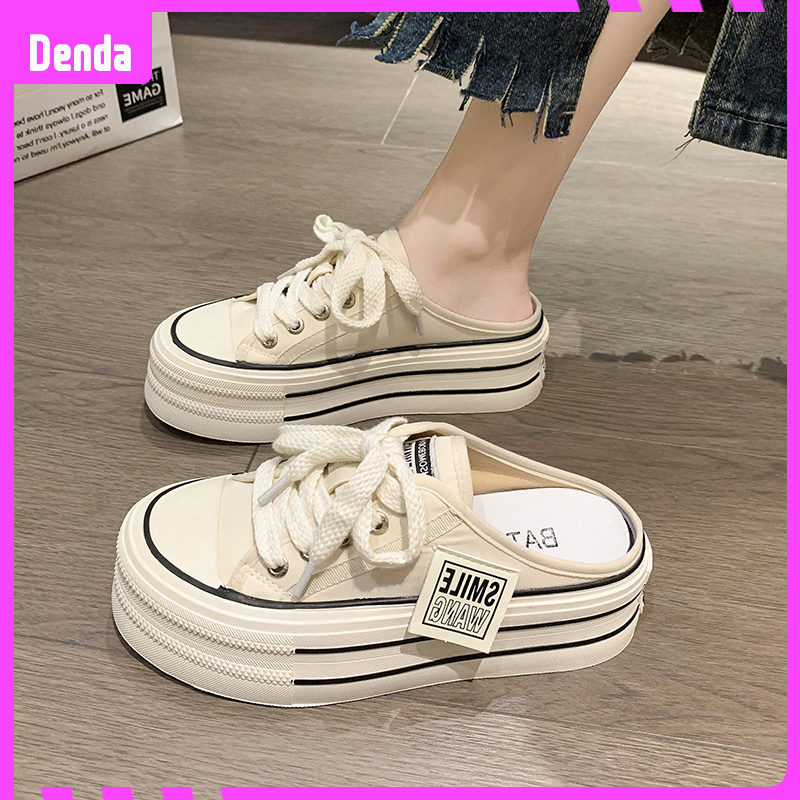 Half Shoes Women Fashion Thick Sole Canvas Baotou Casual Shoes Lazy Half  Slippers Slip On Loafers Platform