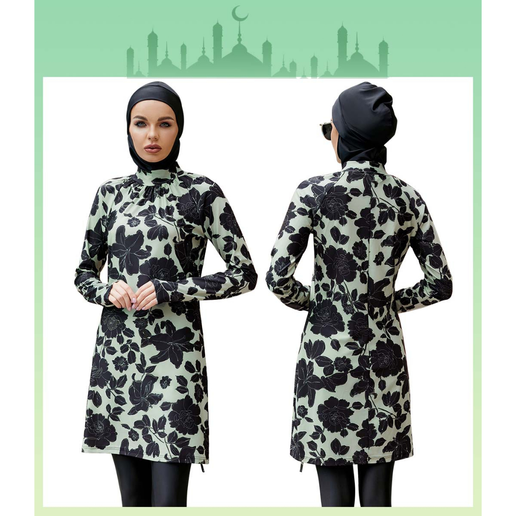 green leave swimming suit muslimah with hijab set 3 pieces baju mandi