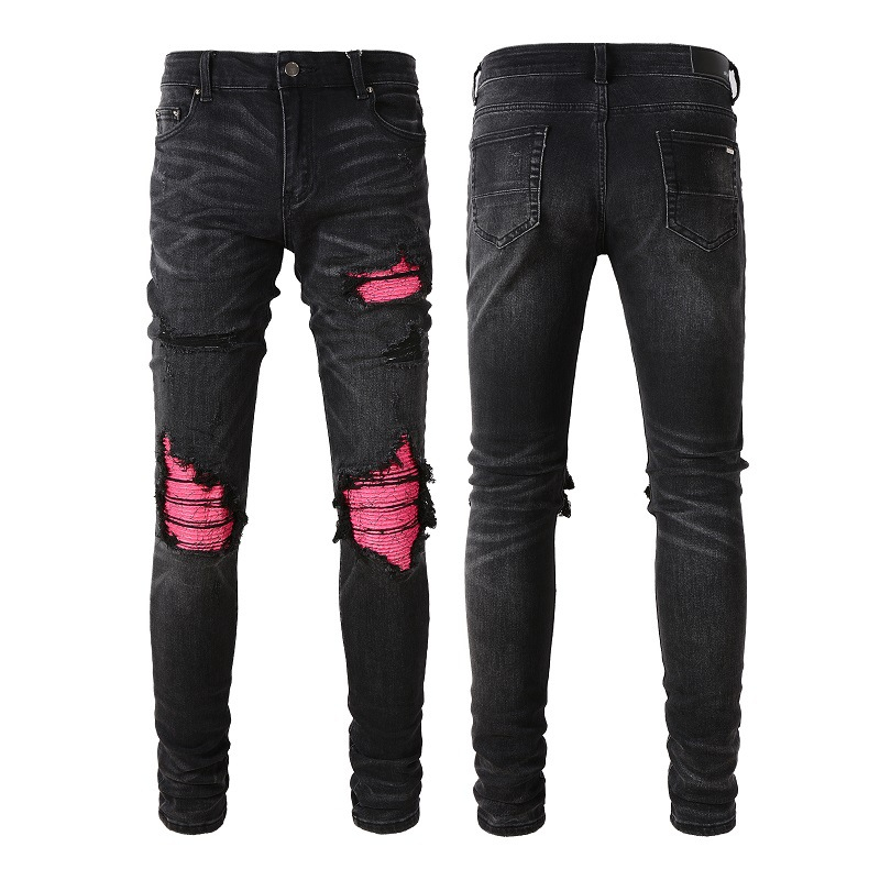 2023 Amiri Jeans Men's Colorful Stretch Hot Drill Perforated Jeans Men