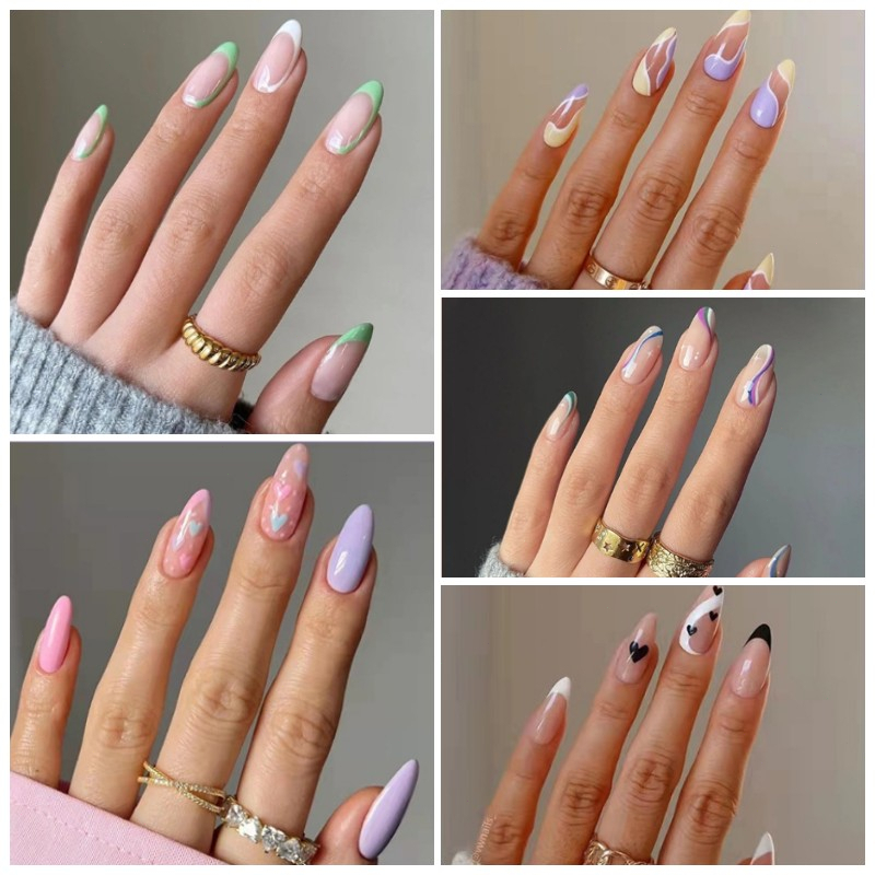 [24pcs Fake Nail With Glue]Fake Nails French False Nails Flame Soft
