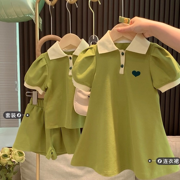 Children Clothing Summer Style Girls Love Embroidered polo Shirt Suit