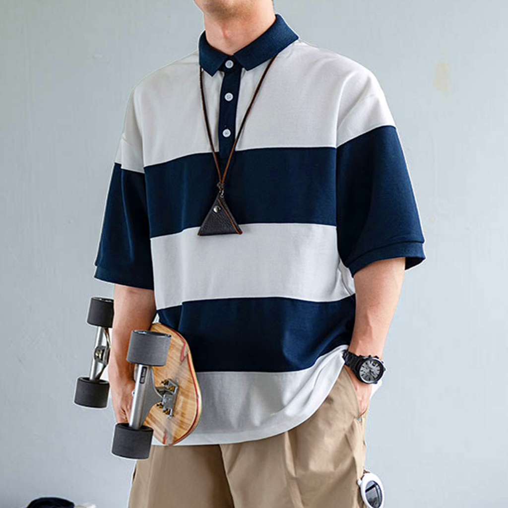 🚀BANYAK STOK🚚COD New Plus Size Striped Short Sleeve Polo T Shirt Men ...