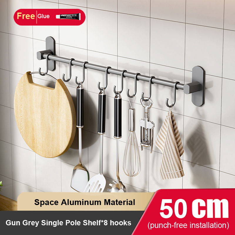 KAKUGU Aluminum Kitchen Rack with Hooks and Multi-functional Knife ...