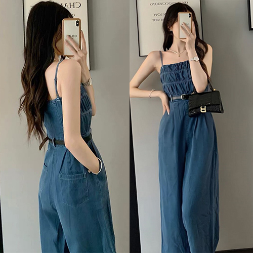 Women Deep Blue Denim Sling Jumpsuit New Summer Style Fashion Wide Leg ...