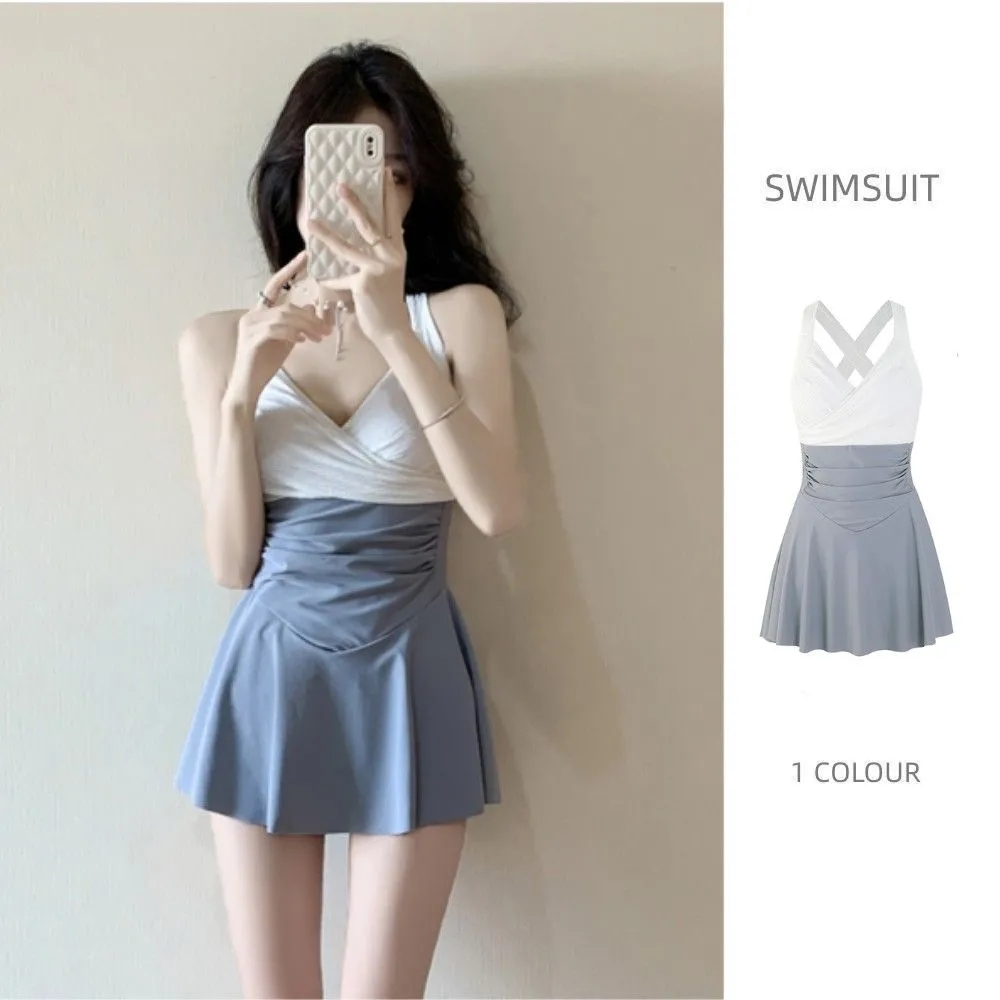 New swimming costume sense simple grey and white onepiece swimming