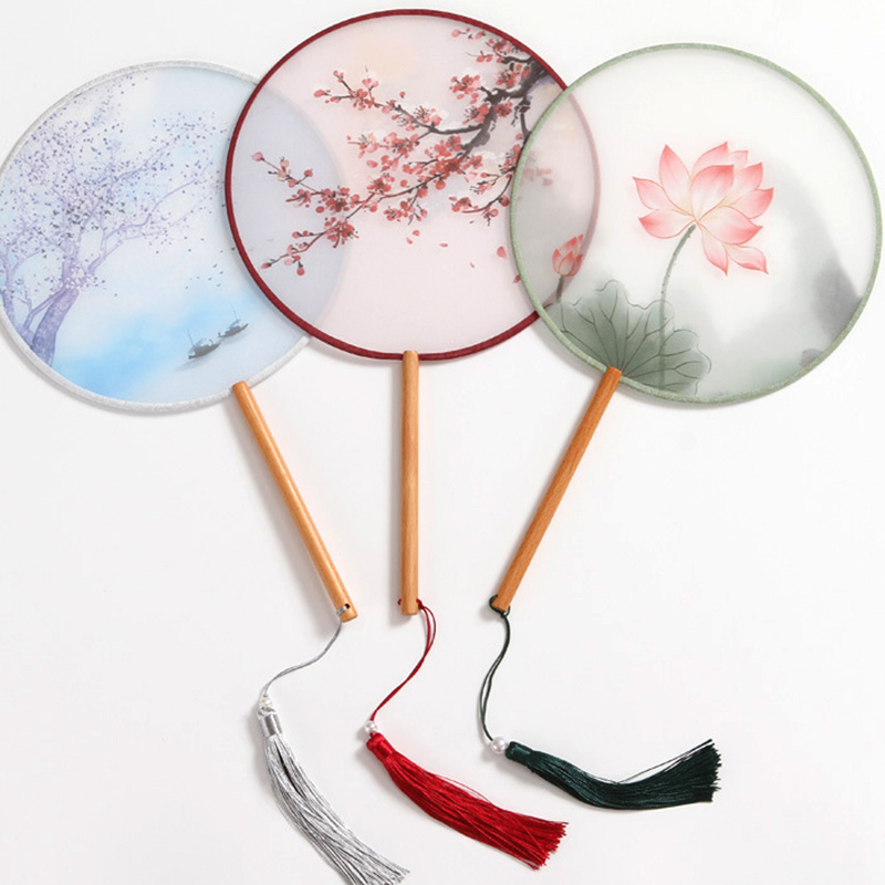 Tassel Small Round Fan Chinese Style Silk Hand Fan Wedding Party Dance ...