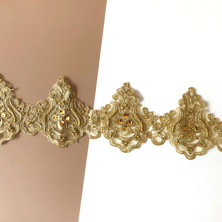 1 Meter Luxury Gold Sequins Beading Mesh Lace Trim Applique Trimming