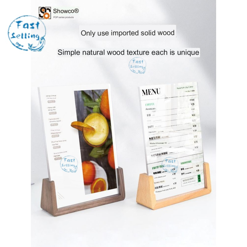 Solid Wood Acrylic Display Stand Table Card Price Tag a4 Desktop Advertising Wooden Sign Milk
