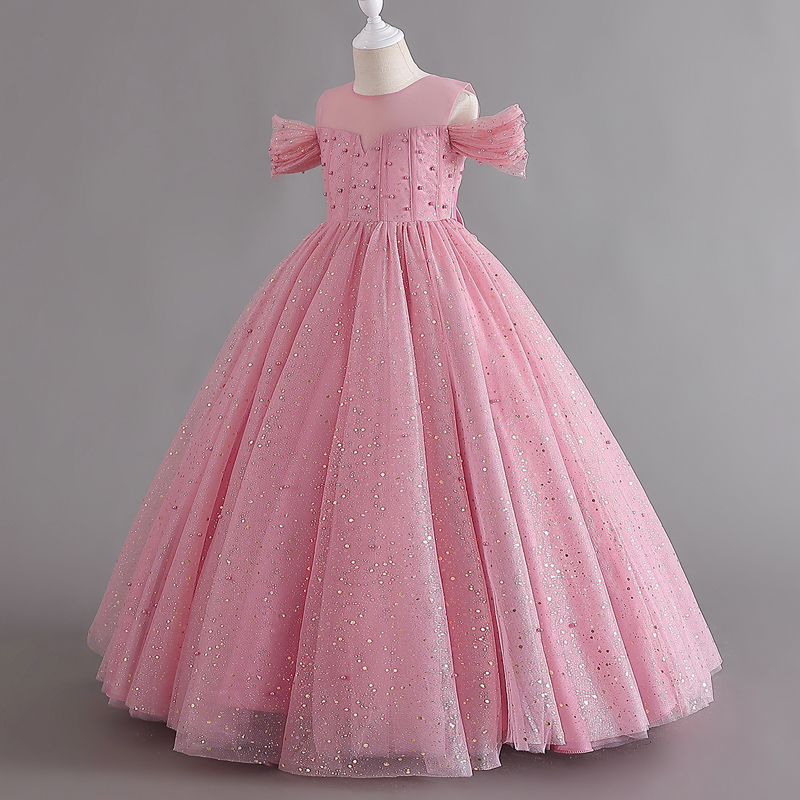 Girl Princess Gown Dress Kids Short Sleeve Sequin Bead Long Dresses