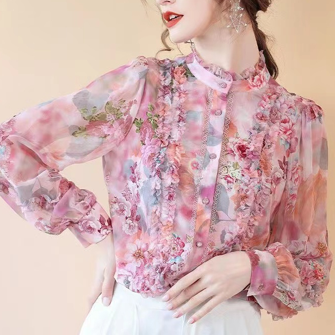 Korean Style Women Ladies Loose Chiffon Ruffle Floral Long Sleeve Shirt ...