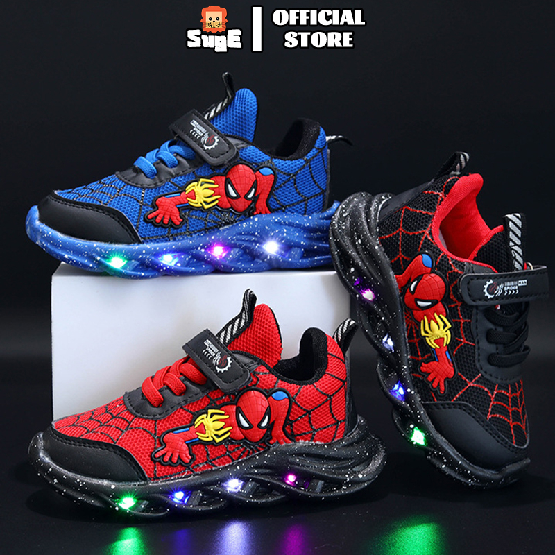 Suge size 21 30 boys spiderman shoes led casual sneakers red black for
