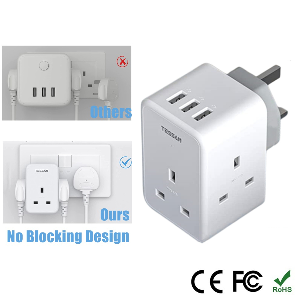 TESSAN USB Adapter Plug Multi Plug Extension Wall Charger with 3 USB, 3 ...